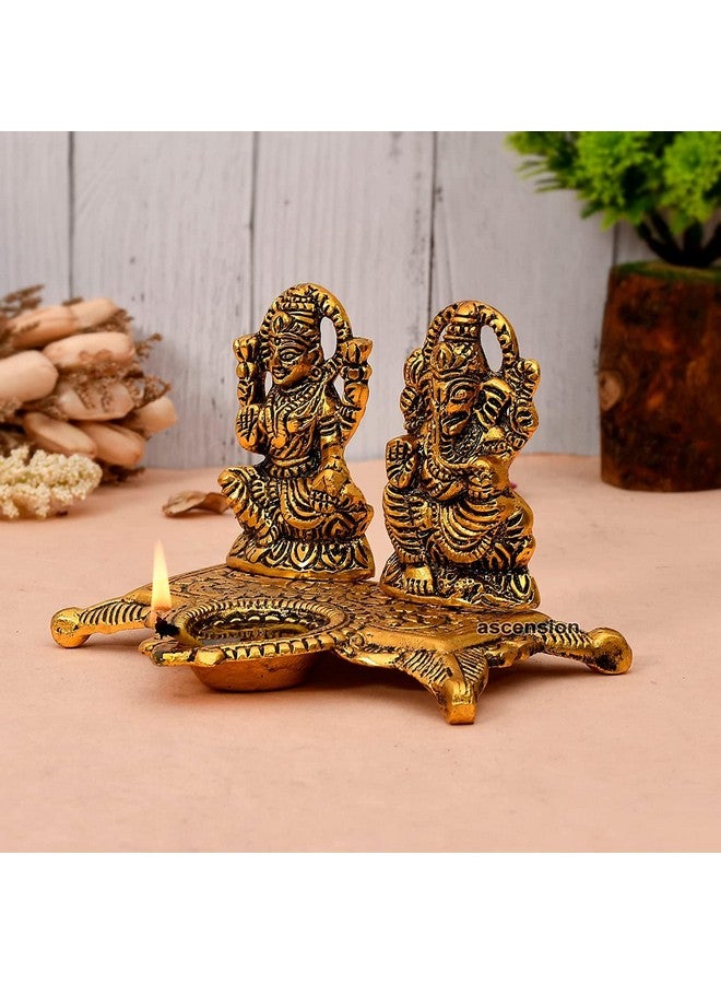 أسينشين طبق زخرفي من الألومنيوم على شكل تمثال لاكشمي غانيشا مع مجموعة تحفة أثرية من ديا للعبادة والديكور المنزلي (ذهبي) - Image 2