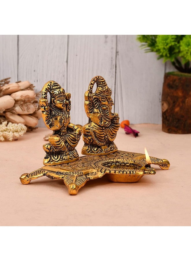 أسينشين طبق زخرفي من الألومنيوم على شكل تمثال لاكشمي غانيشا مع مجموعة تحفة أثرية من ديا للعبادة والديكور المنزلي (ذهبي) - Image 3