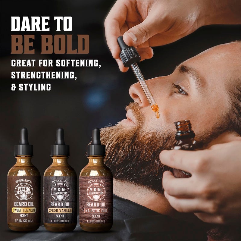 Viking Revolution Beard Oil for Men 3 Pack - Natural Mens Beard Oil Variety Set - Spiced Vanilla, Sweet Tobacco, Majestic Oud - Beard Conditioning and Moisturizing for a Healthy Beard (3 Pack, 1oz) - Image 2
