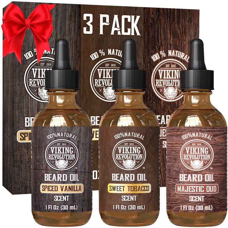 Viking Revolution Beard Oil for Men 3 Pack - Natural Mens Beard Oil Variety Set - Spiced Vanilla, Sweet Tobacco, Majestic Oud - Beard Conditioning and Moisturizing for a Healthy Beard (3 Pack, 1oz) - Image 1