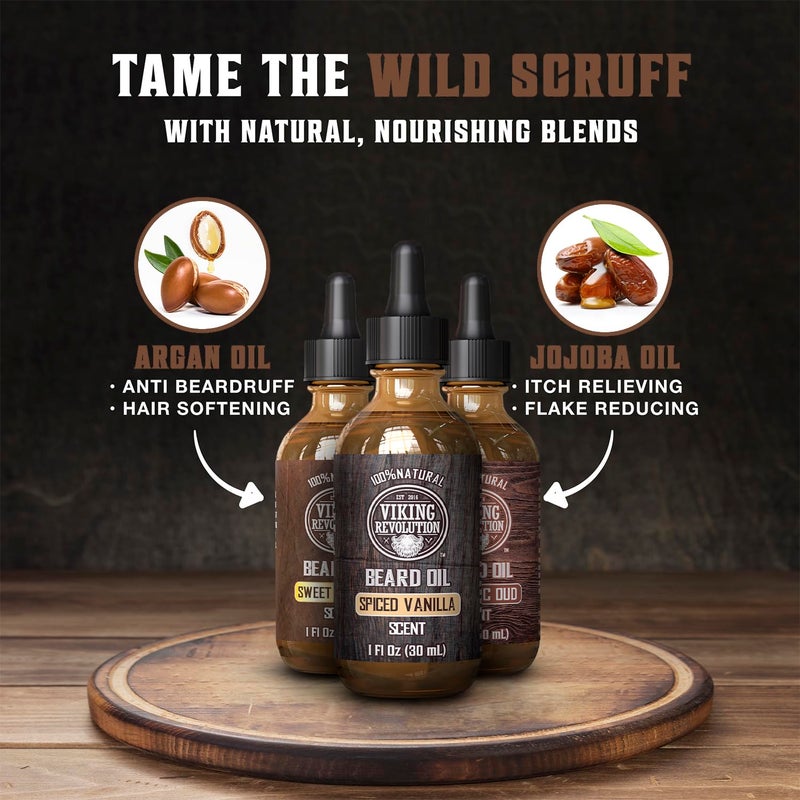 Viking Revolution Beard Oil for Men 3 Pack - Natural Mens Beard Oil Variety Set - Spiced Vanilla, Sweet Tobacco, Majestic Oud - Beard Conditioning and Moisturizing for a Healthy Beard (3 Pack, 1oz) - Image 3
