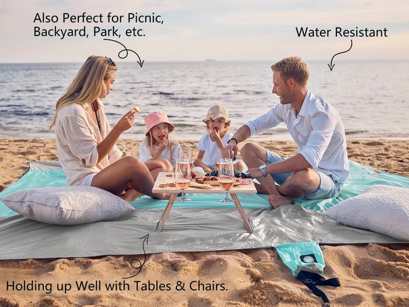 WEKAPO Beach Blanket - Sandproof Waterproof Extra Large Beach Mat | Oversized Sand-Free Lightweight Quick-Drying | Beach Vacation Essentials with Stakes & Corner Pockets (Grey, 9x10 FT) - Image 4