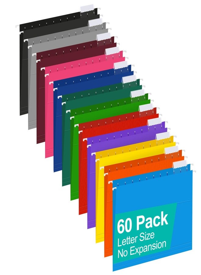 HERKKA Hanging File Folders, 60 Pack Reinforced Letter Size Hanging Folders with Heavy Duty 0 Inch Expansion, Designed for Bulky Files, Medical Charts, 1/5-Cut Adjustable Tabs, 12 Assorted Colors - Image 1