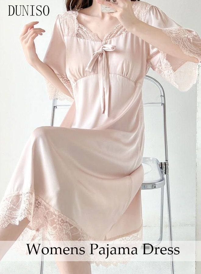 DUNISO Women's Nightgowns Lace Short Sleeve Sleep Dress Sweet Silk Pajama Sleepwear Girls Comfortable Satin Lingerie V Neck Nightwear Summer Home Wear Lounge Dress - Image 1