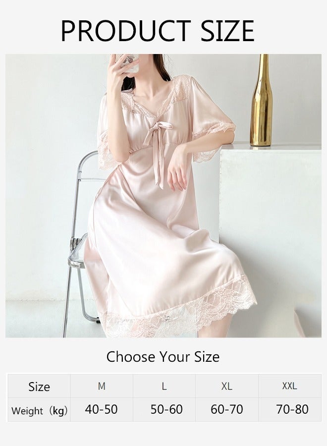 DUNISO Women's Nightgowns Lace Short Sleeve Sleep Dress Sweet Silk Pajama Sleepwear Girls Comfortable Satin Lingerie V Neck Nightwear Summer Home Wear Lounge Dress - Image 4