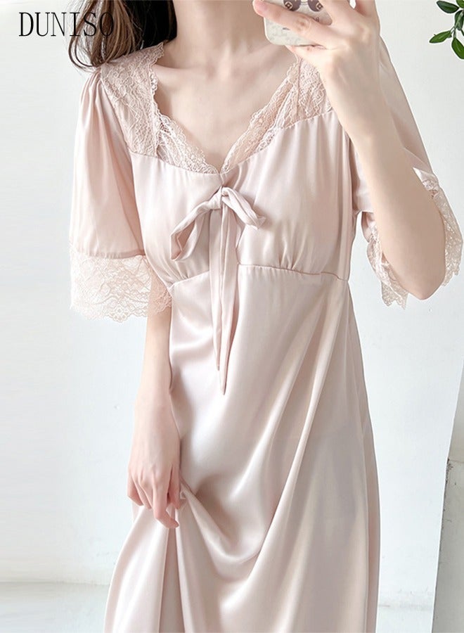 DUNISO Women's Nightgowns Lace Short Sleeve Sleep Dress Sweet Silk Pajama Sleepwear Girls Comfortable Satin Lingerie V Neck Nightwear Summer Home Wear Lounge Dress - Image 2