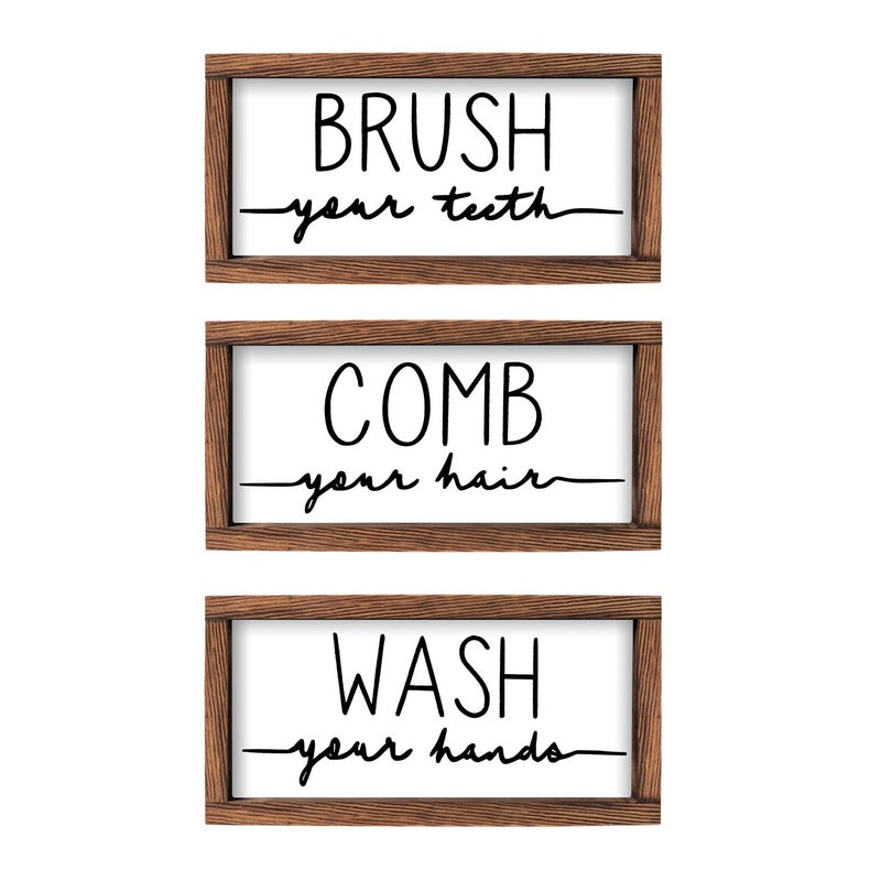 LIBWYS Bathroom Sign & Plaque (Set of 3) Wash Your Hands Brush Your Teeth Comb Your Hair Decorative Rustic Wood Farmhouse Bathroom Wall Decor (White) - Image 1