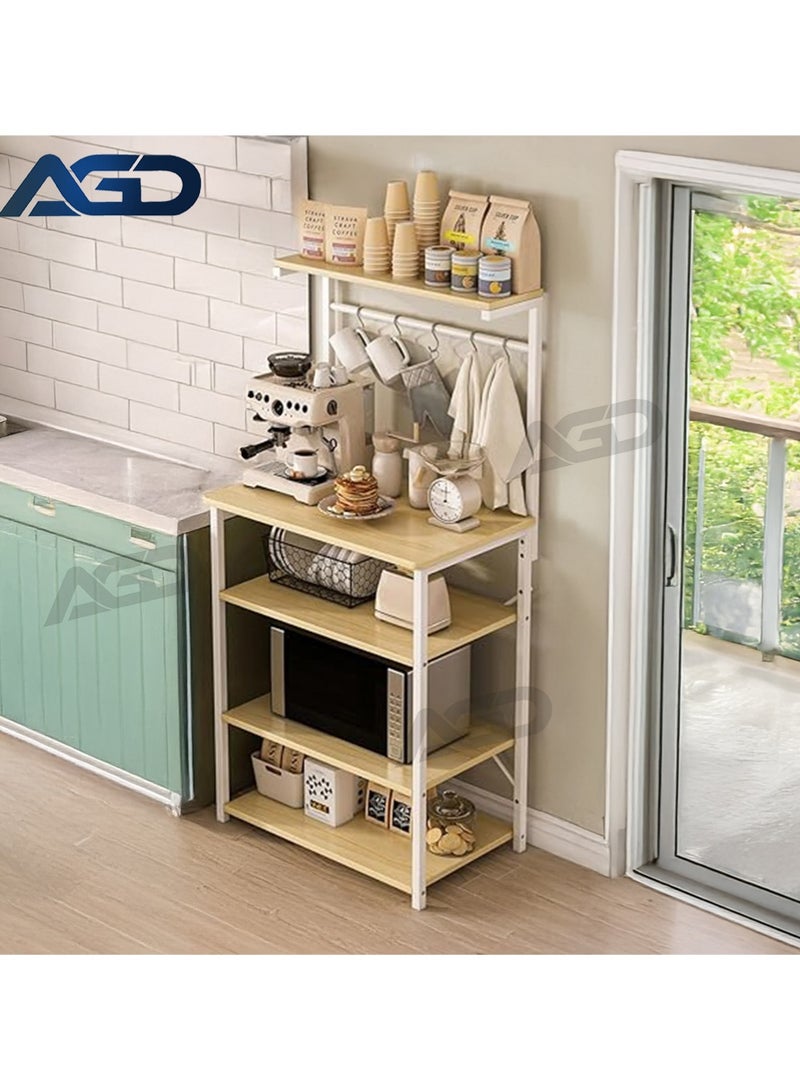 AGD 4-Tier Coffee Corner Cabinet, Top Shelf, Small Cabinet with 5 Hooks, Baker's Rack for Kitchen and Entryway 60*36*145cm - Image 2