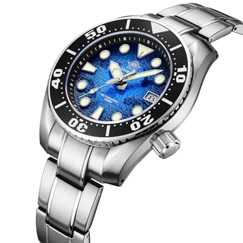 ADDIESDIVE Automatic Dive Watch for Men 44.9 MM Blue Dial with Water Ripples Design Waterproof 200 M NH35A Steel Band - Image 2