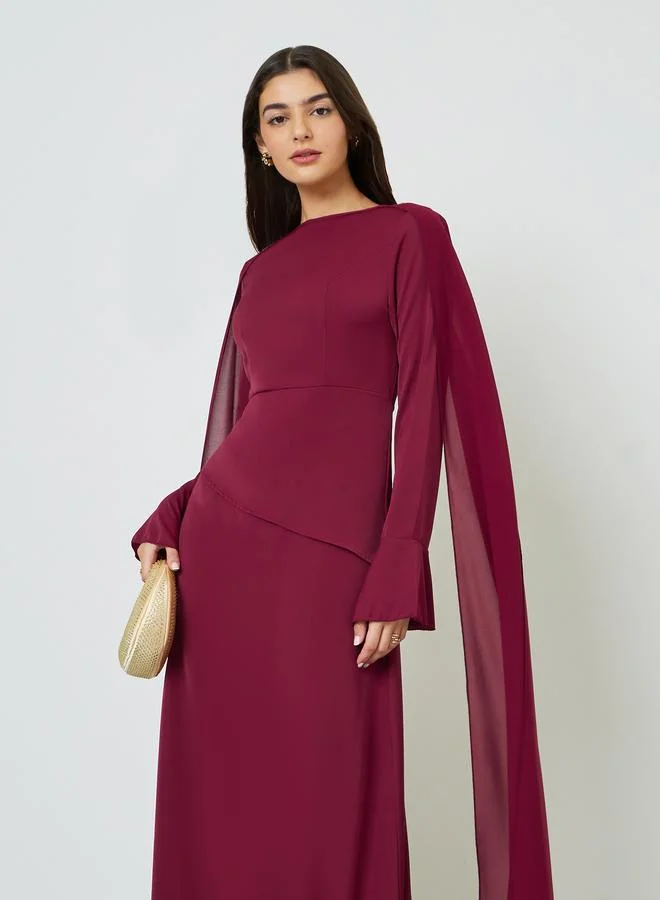Take Two Burgundy Draped Round Neck Cape Maxi Dress