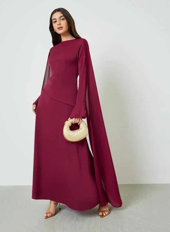 Take Two Burgundy Draped Round Neck Cape Maxi Dress