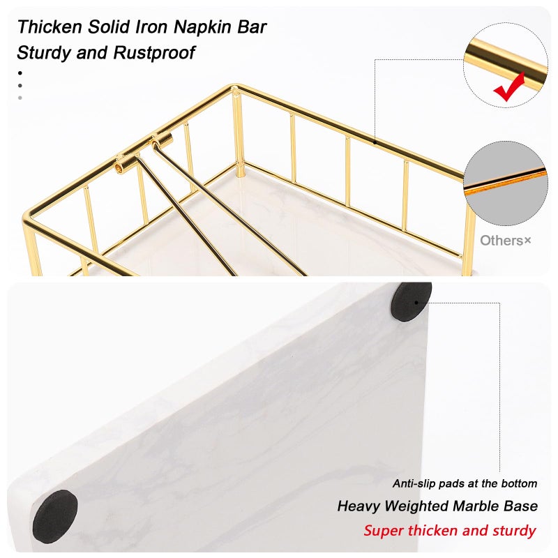 Livabber Flat Napkin Holder, Metal Kitchen Napkin Storage with Weighted Tension Arm Rustic Tissue Paper Dispenser for Countertop, Table Kitchen, Dining Room (With Marble Base, Gold) - Image 3