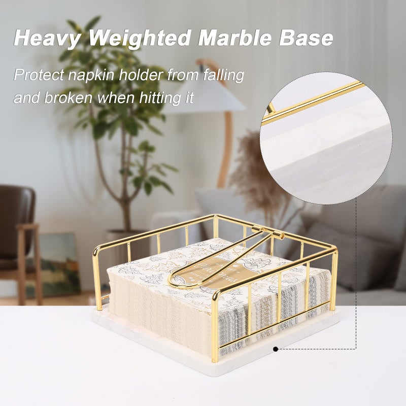 Livabber Flat Napkin Holder, Metal Kitchen Napkin Storage with Weighted Tension Arm Rustic Tissue Paper Dispenser for Countertop, Table Kitchen, Dining Room (With Marble Base, Gold) - Image 4