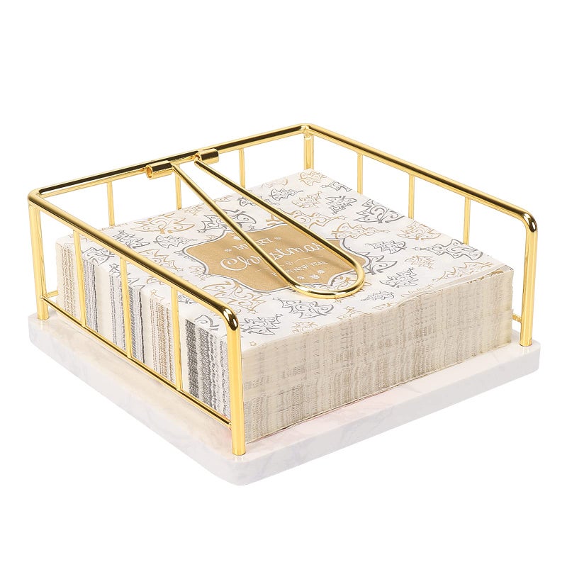 Livabber Flat Napkin Holder, Metal Kitchen Napkin Storage with Weighted Tension Arm Rustic Tissue Paper Dispenser for Countertop, Table Kitchen, Dining Room (With Marble Base, Gold) - Image 1