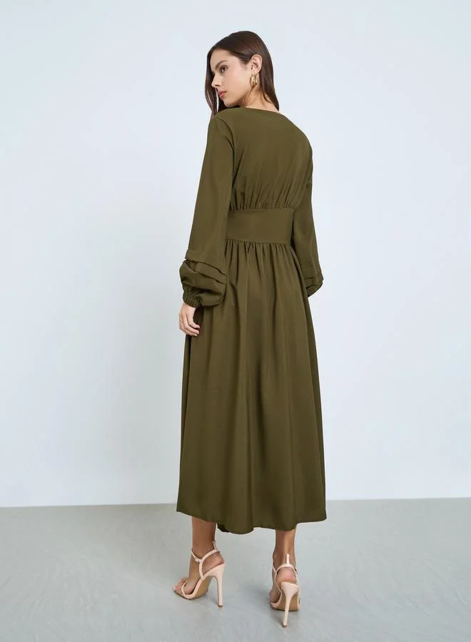 Take Two  Khaki Belted Balloon Sleeve Maxi Dress for Women | Best Price UAE