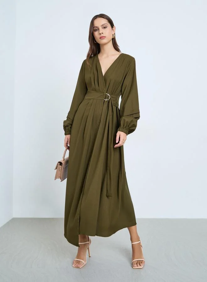 Take Two Khaki Belted Balloon Sleeve Maxi Dress