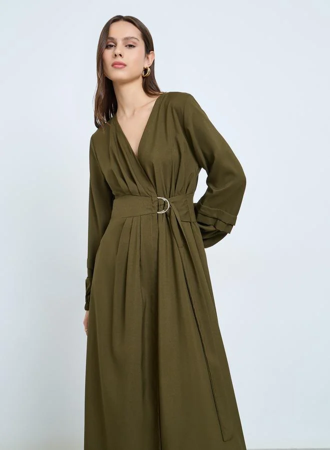 Take Two Khaki Belted Balloon Sleeve Maxi Dress