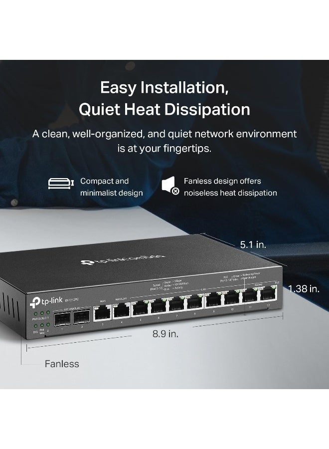 TP-LINK ER7212PC Omada 3-in-1 Gigabit VPN Router with PoE Switch and Controller - 8 PoE+ LAN Ports, 4 WAN Support, Fanless Design black - Image 3