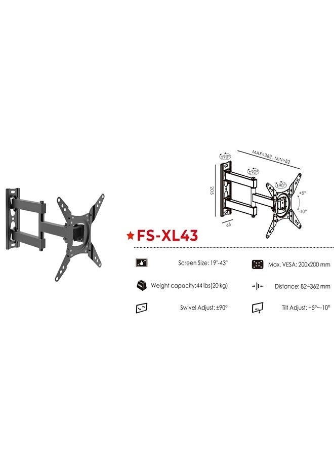 fujistar FS-XL43 Full Motion TV Wall Mount Bracket for 19–43 Inch Screens – Swivel & Tilt Adjustable, Heavy-Duty VESA Mount (Up to 20kg/44lbs) - Image 3