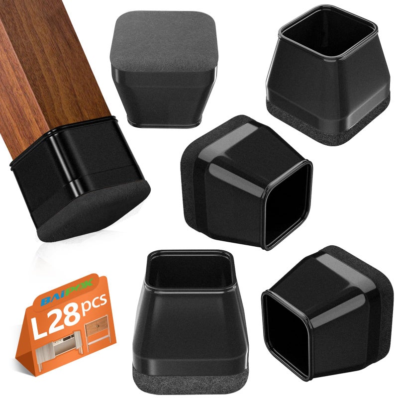 BAIPOK 28Pcs Square Chair Leg Floor Protectors With Wrapped Felt Bottom  Silicone Chair Leg Protectors For Hardwood Floors  Chair Legs Cover Prevents Scratches & Reduce Noise (Black L Fit 1.14""-1.42"") - Image 1