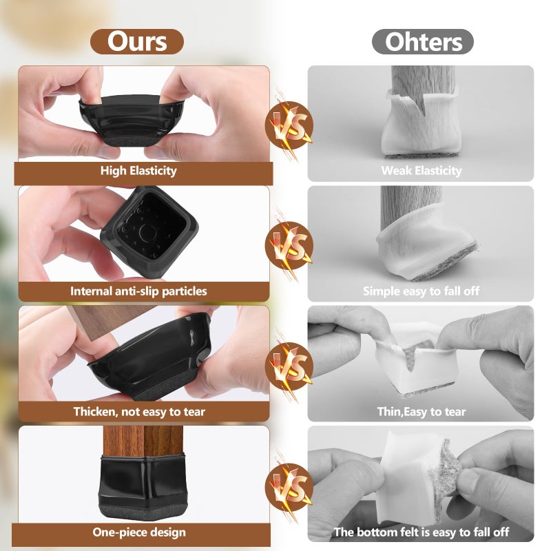BAIPOK 28Pcs Square Chair Leg Floor Protectors With Wrapped Felt Bottom  Silicone Chair Leg Protectors For Hardwood Floors  Chair Legs Cover Prevents Scratches & Reduce Noise (Black L Fit 1.14""-1.42"") - Image 3