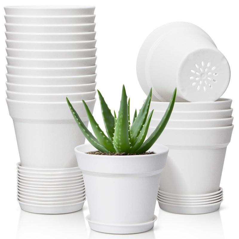 T4U Flower Pots 18Pack 5 Inch Plant Pot with Saucer and Drainage Hole Durable Plastic Flower Pots Small Pots for Plants Violet Succulent and Indoor Plant Decorative 18 Pack 5 Pot White - Image 2