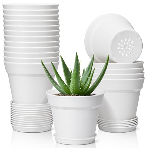 T4U Flower Pots 18Pack 5 Inch Plant Pot with Saucer and Drainage Hole Durable Plastic Flower Pots Small Pots for Plants Violet Succulent and Indoor Plant Decorative 18 Pack 5 Pot White - Image 1