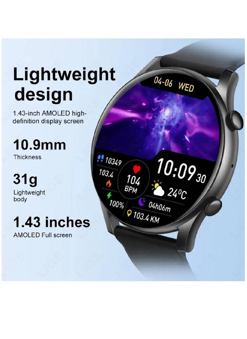 Roxxon - 2023 New Full Screen Smart Watch AMOLED 1.43 Inch HD Display Always Show Time Bluetooth Calling IP68 Waterproof Smartwatch - Black - Image 1