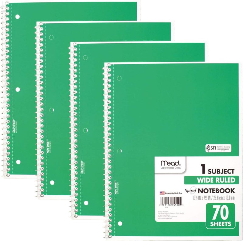Mead Spiral Notebooks, 1 Subject, Wide Ruled Paper, 70 Sheets, 10-1/2 x 7-1/2 inches, Green, 4 Pack (38300) - Image 1