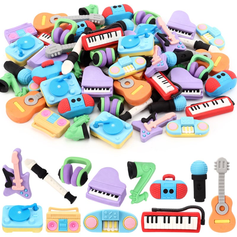 KINYFY 24 Pcs 3D Mini Musical Instrument Erasers, Cute Instrument Pencil Erasers, Fun Take Apart Musical Puzzle Eraser Bulk for Classroom Prizes, Gifts Supplies, Back to School Party Favors - Image 1