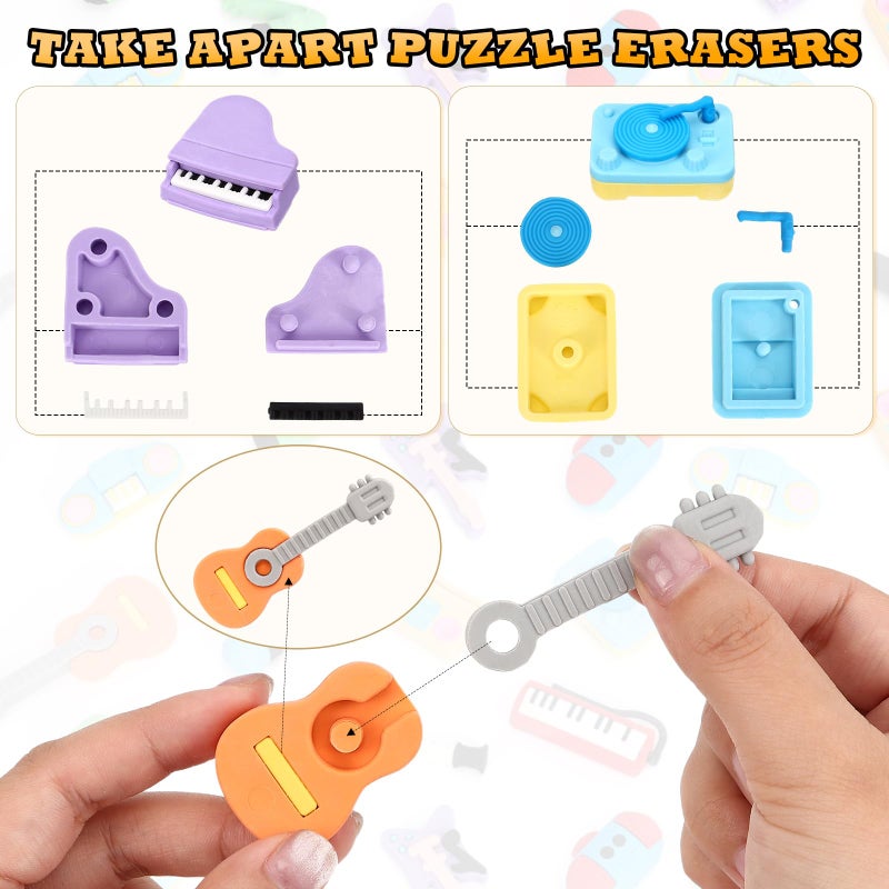KINYFY 24 Pcs 3D Mini Musical Instrument Erasers, Cute Instrument Pencil Erasers, Fun Take Apart Musical Puzzle Eraser Bulk for Classroom Prizes, Gifts Supplies, Back to School Party Favors - Image 5