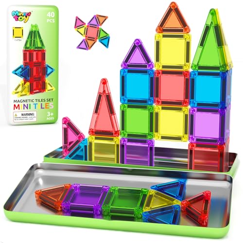 Minecftoy 40PCS Mini Magnetic Tiles Toddler Travel Essentials Toys with Case Set Magnetic Building Blocks Kids Games Montessori Preschool Education Sensory Toys for 3 4 5 Year Old Boys Girls Birthday Gifts - Image 1
