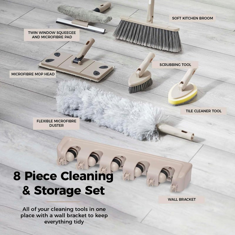 Tower T869002MSH Cavaletto 8 Piece Cleaning & Storage Set with Three Part Handle, Flat Mop Head, Broom Head, Microfibre Duster, Window, Tile, Scrubbing & Wall Holder, Latte - Image 3