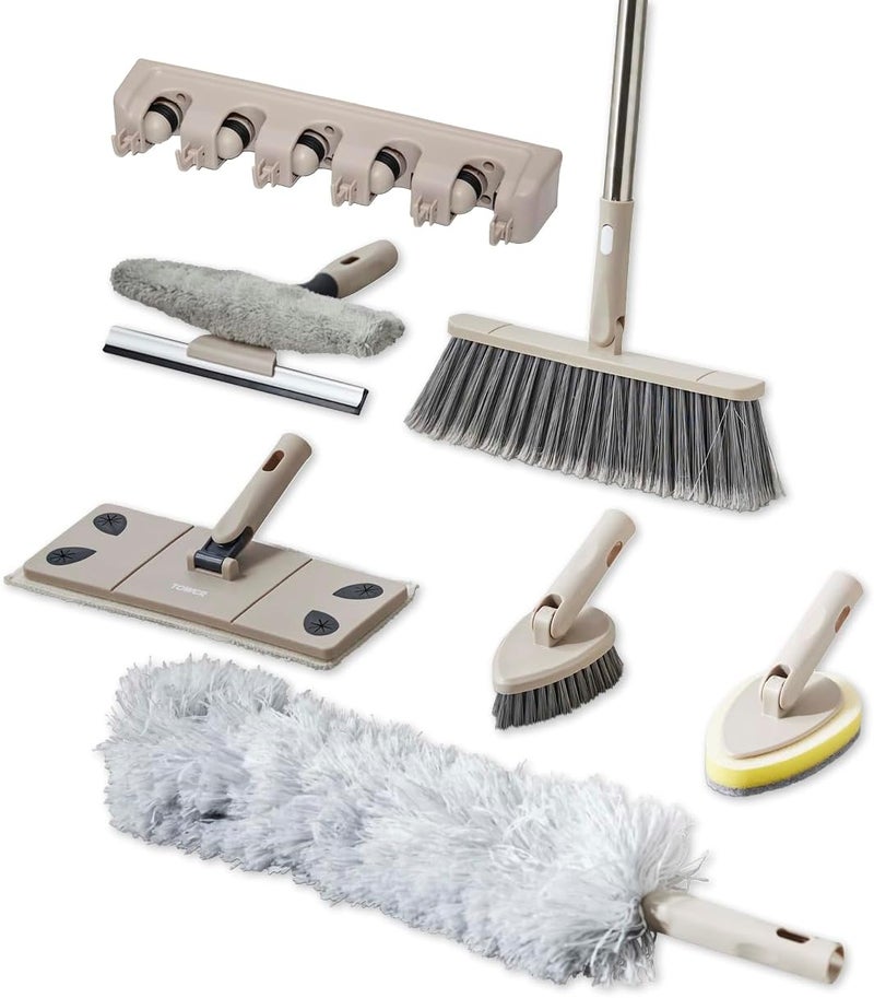 Tower T869002MSH Cavaletto 8 Piece Cleaning & Storage Set with Three Part Handle, Flat Mop Head, Broom Head, Microfibre Duster, Window, Tile, Scrubbing & Wall Holder, Latte - Image 1