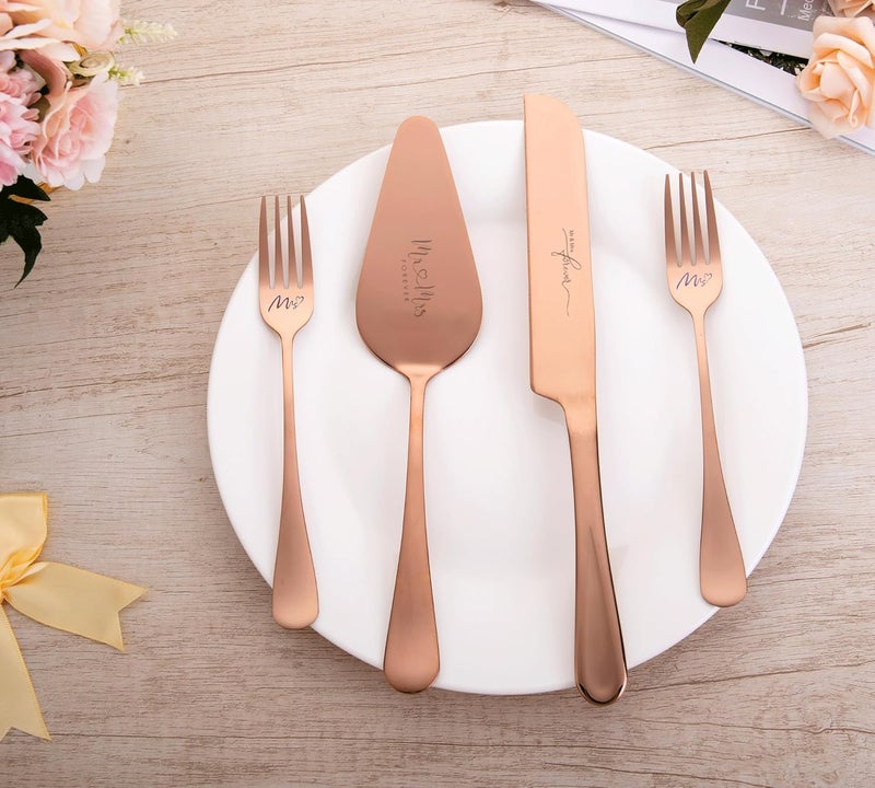 VARLKA Wedding Cake Knife and Sever Set, Cake Cutting Set for Wedding, 4 pieces Mr and Mrs Cake Cutter and Forks, Birthday, Wedding Gifts, Bridal Shower Gifts for Couples (Rose gold) - Image 5
