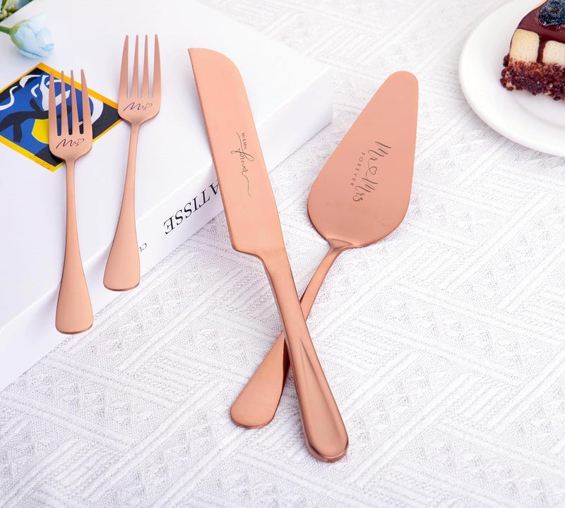 VARLKA Wedding Cake Knife and Sever Set, Cake Cutting Set for Wedding, 4 pieces Mr and Mrs Cake Cutter and Forks, Birthday, Wedding Gifts, Bridal Shower Gifts for Couples (Rose gold) - Image 4