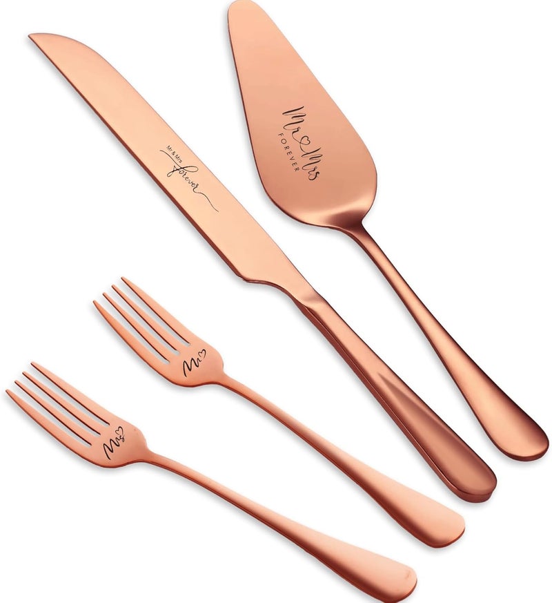 VARLKA Wedding Cake Knife and Sever Set, Cake Cutting Set for Wedding, 4 pieces Mr and Mrs Cake Cutter and Forks, Birthday, Wedding Gifts, Bridal Shower Gifts for Couples (Rose gold) - Image 1