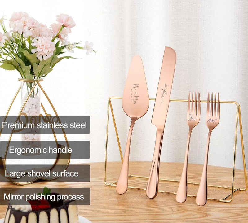 VARLKA Wedding Cake Knife and Sever Set, Cake Cutting Set for Wedding, 4 pieces Mr and Mrs Cake Cutter and Forks, Birthday, Wedding Gifts, Bridal Shower Gifts for Couples (Rose gold) - Image 2