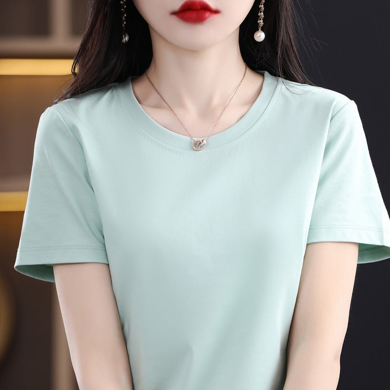 Summer Ice-feeling Double-sided mercerized cotton Short-sleeved T-shirt Women's Round Neck Pure Cotton White T-shirt Top All-match Slimming Base Shirt - Image 1
