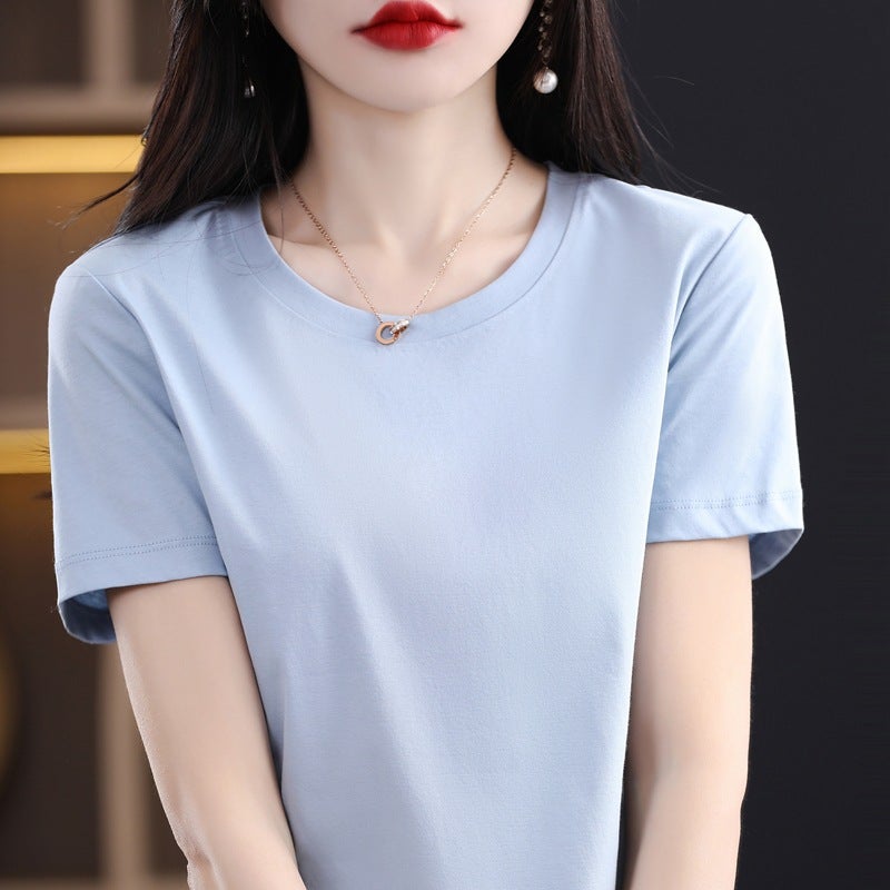 Summer Ice-feeling Double-sided mercerized cotton Short-sleeved T-shirt Women's Round Neck Pure Cotton White T-shirt Top All-match Slimming Base Shirt - Image 5