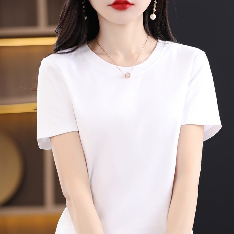 Summer Ice-feeling Double-sided mercerized cotton Short-sleeved T-shirt Women's Round Neck Pure Cotton White T-shirt Top All-match Slimming Base Shirt - Image 4
