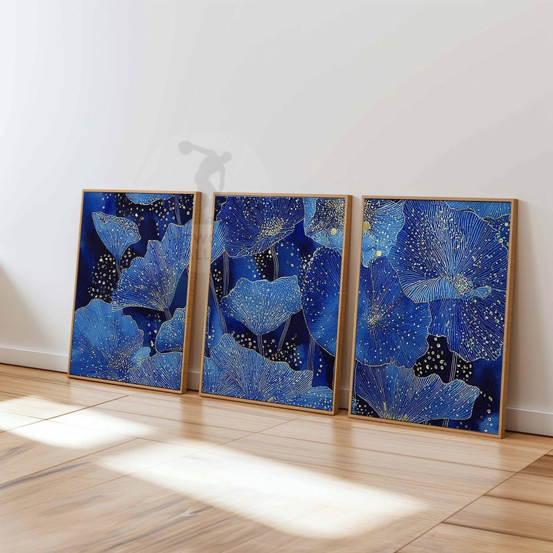 TNESSENTIAL Blue Floral Art Prints Set, Navy Gold Botanical Wall Decor - Image 3