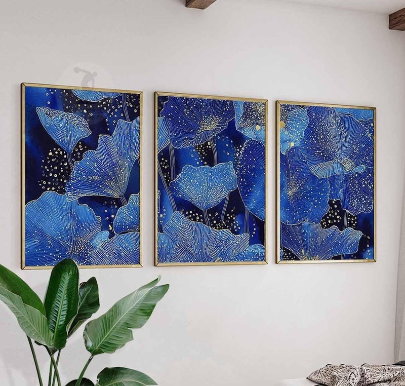 TNESSENTIAL Blue Floral Art Prints Set, Navy Gold Botanical Wall Decor - Image 1