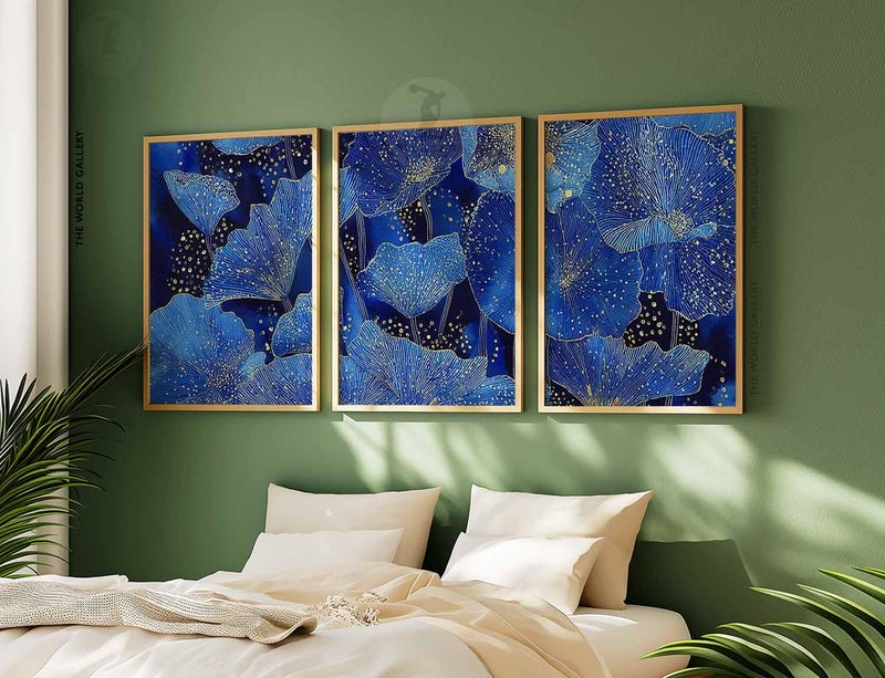 TNESSENTIAL Blue Floral Art Prints Set, Navy Gold Botanical Wall Decor - Image 4
