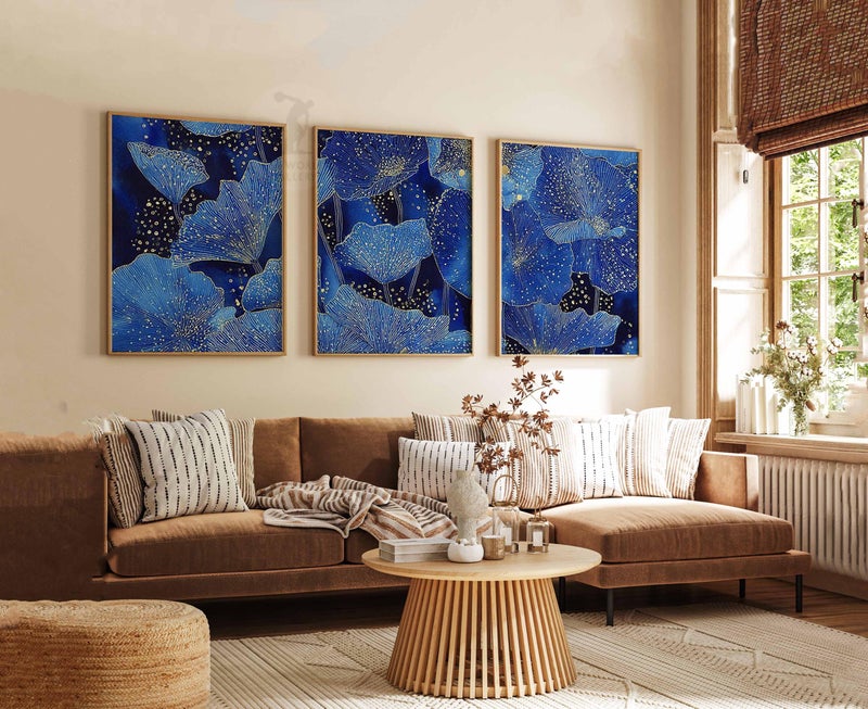 TNESSENTIAL Blue Floral Art Prints Set, Navy Gold Botanical Wall Decor - Image 2