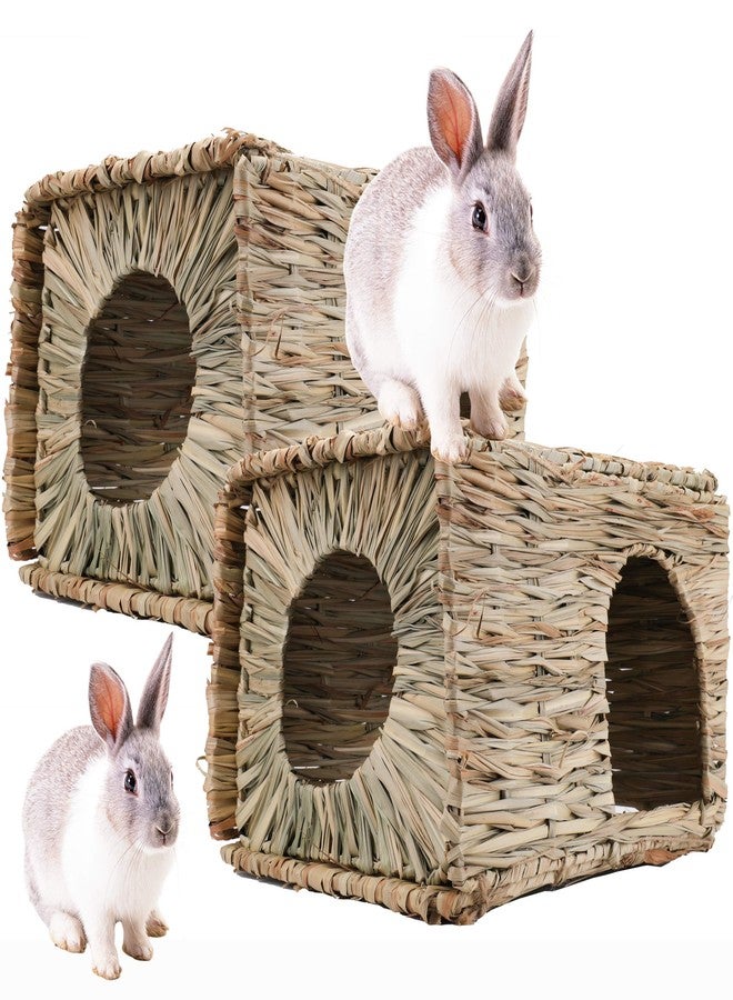 WUWEOT 2 Pack Large Grass Bunny House, Foldable Rabbit Hut, Play Hideaway Bed Hay Mat Chew Toy for Rabbit, Guinea Pigs, Gerbils, Hamster and Small Animals, 11"x8"x8" - Image 1