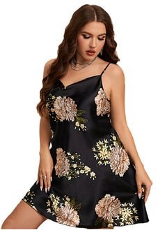 Women's Peony Flower Printed Imitation Silk Large Size Nightgown Mini Slip Dress With Adjustable Strap Soft Loungewear Homewear