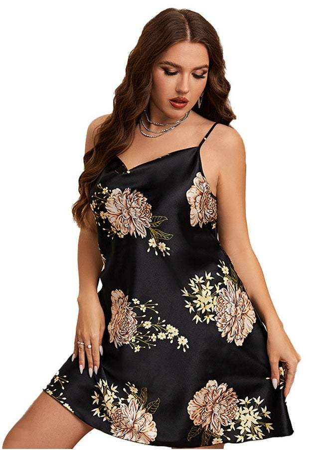 Loquat - Women's Peony Flower Printed Imitation Silk Large Size Nightgown Mini Slip Dress With Adjustable Strap Soft Loungewear Homewear - Image 1
