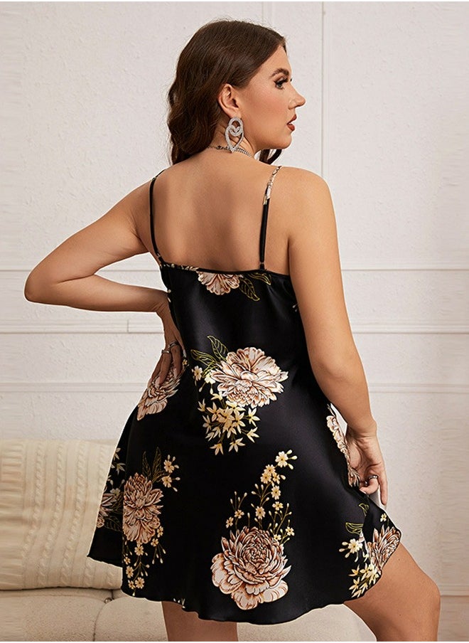 Loquat - Women's Peony Flower Printed Imitation Silk Large Size Nightgown Mini Slip Dress With Adjustable Strap Soft Loungewear Homewear - Image 1