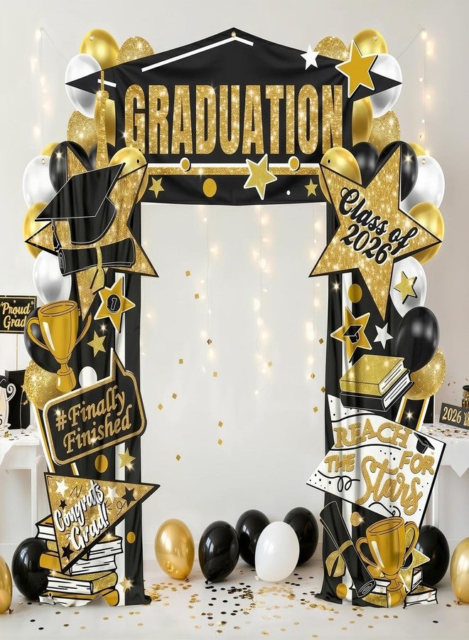 Lofaris 2026 Graduation Decorations Banner Set - 3Pcs Class of 2026 Congrats Grad Banner, Black and Gold Party Supplies, Large Porch Sign Backdrop for Indoor Outdoor Party Decor - Image 1